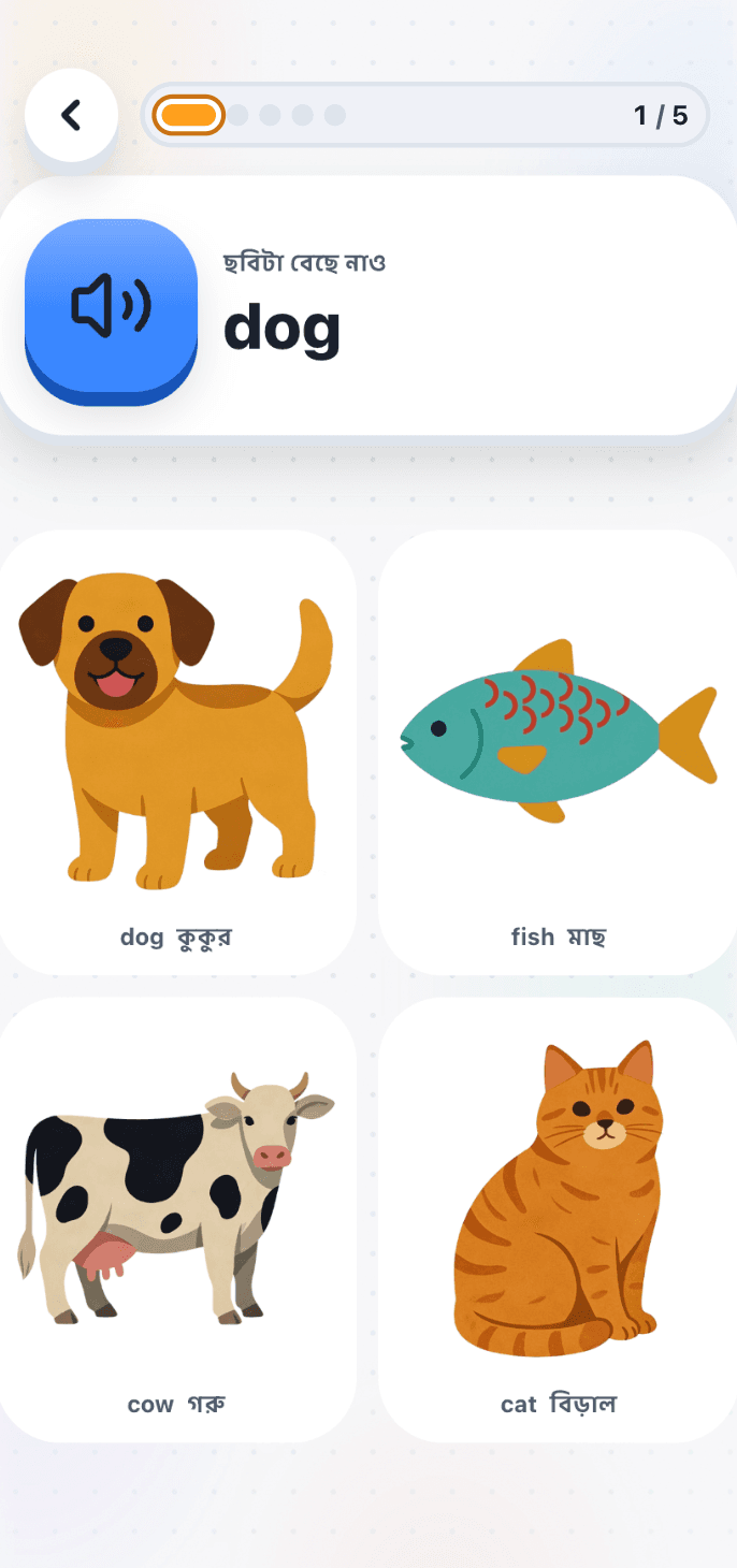 TotWord Quiz screen with a Bengali spoken prompt for the word dog and four illustrated answer choices