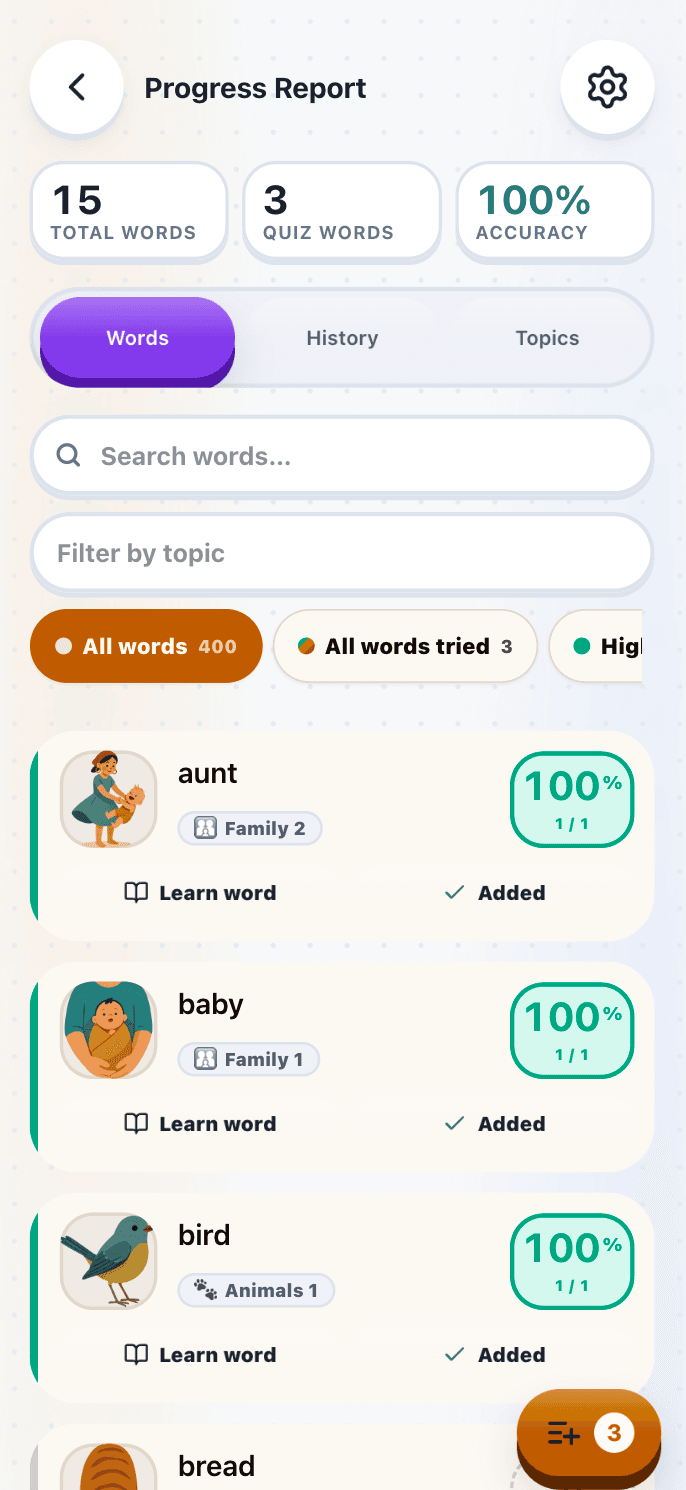 TotWord Progress Report showing total words learned, quiz words, an accuracy score and a searchable per-word progress list